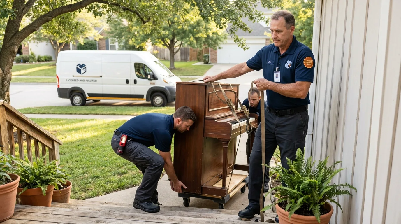 Licensed piano movers securing grand piano in Gibson, GA