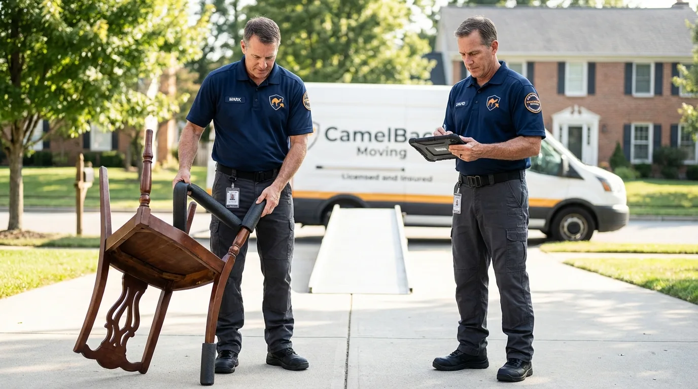 Movers inspecting furniture for damage prevention before loading in Gibson, GA