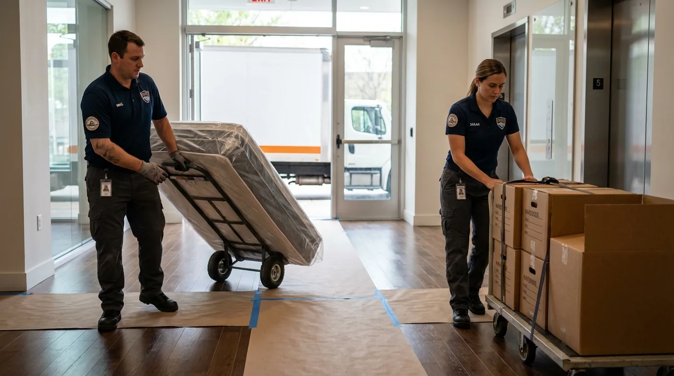 Professional apartment movers loading elevator in Gibson, GA